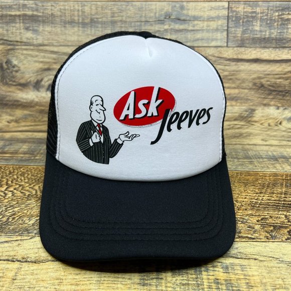 Ask Jeeves Mens Trucker Hat Black Snapback 1996 Vintage Logo 90s Nostalgia Cap - Picture 2 of 8